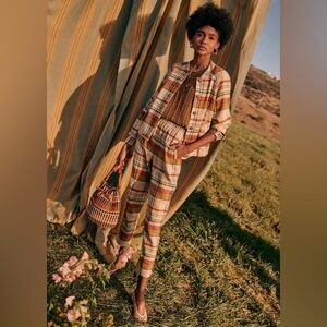 Sezane Ross Trousers Texan Plaid Jacquard Size 8 NWT Linen Cotton Blend